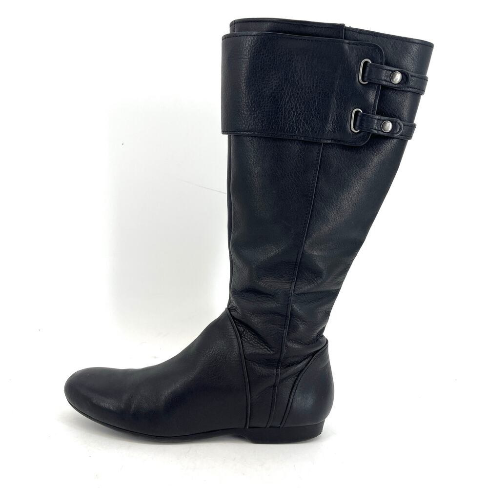 Enzo Angiolini Women's 9.7M EA7 Zelden Black Leather Buckle Flat‎ Tall Zip Boots